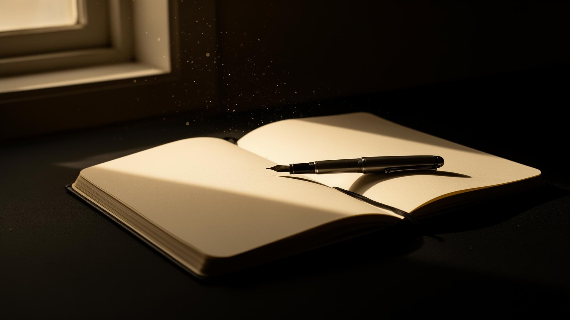 An open journal on a writing desk lit by a single window